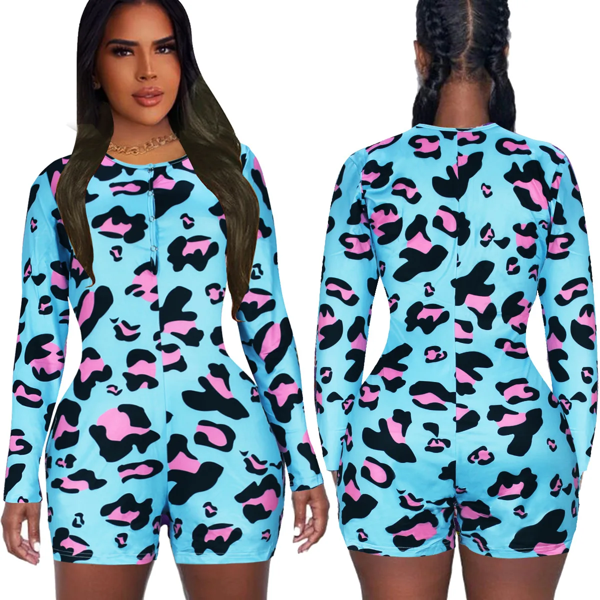 

Женский Летний комбинезон с леопардовым принтом, эластичный комбинезон с круглым вырезом и длинным рукавом