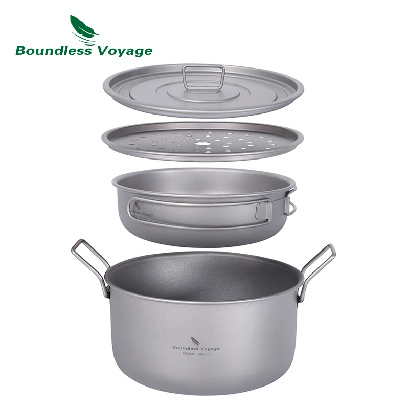 Camping Cooking Pot Boundless Voyage Multifunctional Titanium Steamer Soup Pot Frying Pan Set with Lid Outdoor Mess Kit Ti2057C