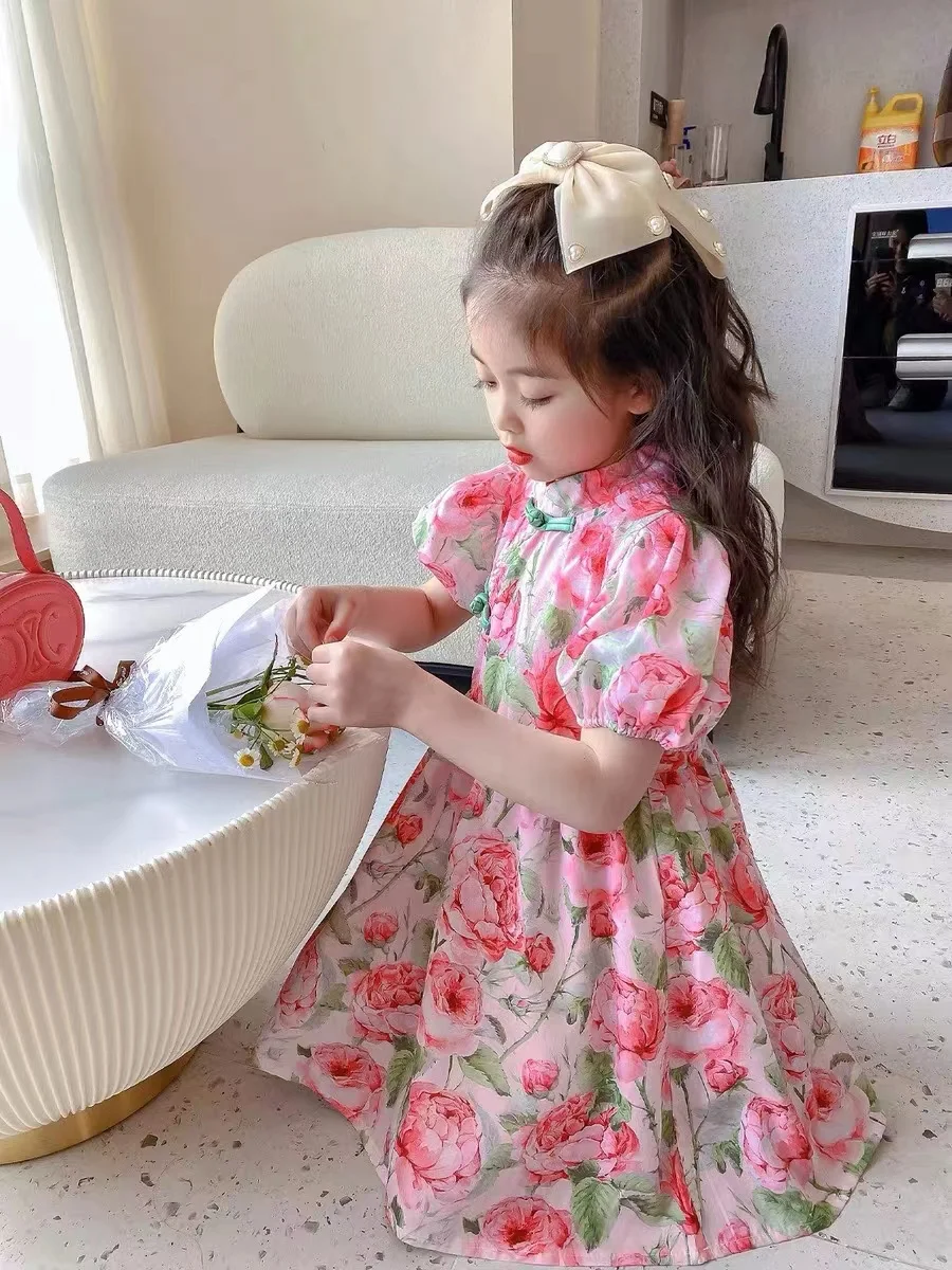 

kids Princess dresses 2022 summer new Chinese style girls floral qipao dress clothes