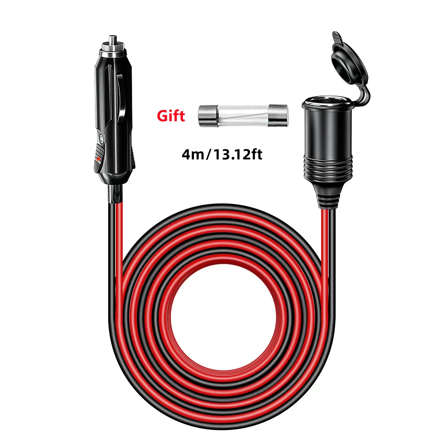 12V/24V 4m On-board 26FT Heavy Duty Car Charger Cigarette Lighter Female Power Extension Cable with Indicator Light Waterproof Cover