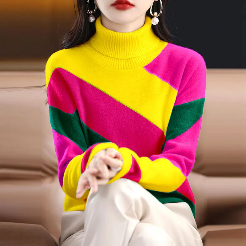 

Turtleneck Sweater Autumn and Winter 2024 New Knitwear Pullover Loose Base Thickened Stripes Contrast Color Top
