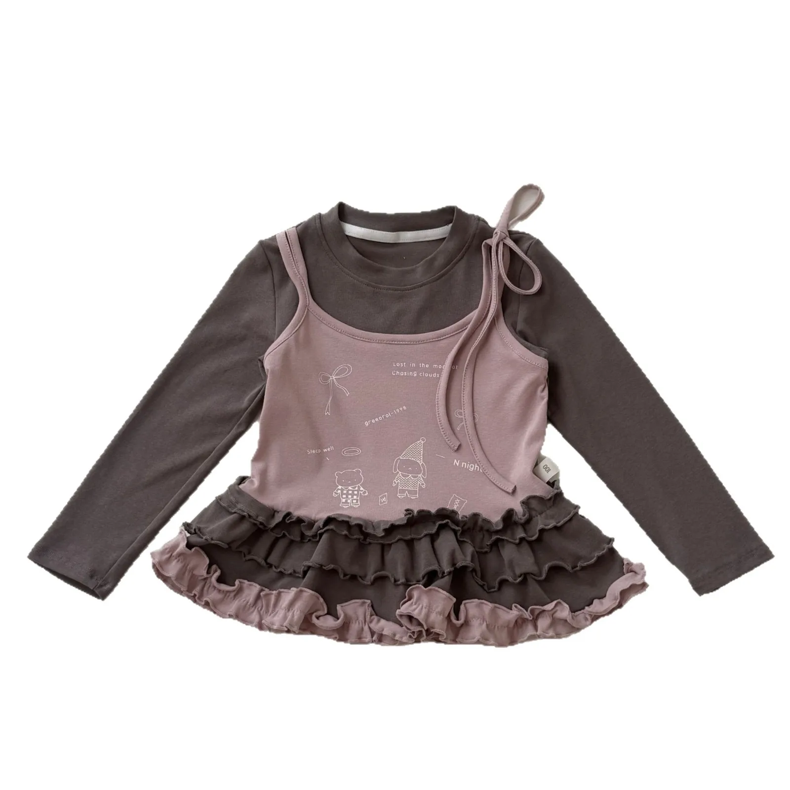 2025년 가을 한국 아동복 페이크 투피스 한국 버전 레이스 탑 여아 긴팔 베이스 셔츠