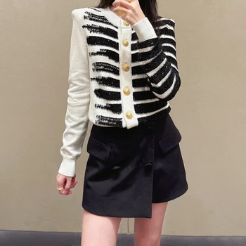 Cardigan da donna Nuovo top a maniche lunghe lavorato a maglia elastica per l'autunno 2025 Maglione da donna a righe misto paillettes y2k Cappotto di maglieria 1
