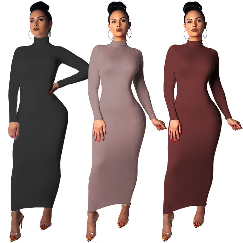 

Autumn and winter women long sleeved high collar skinny dress casual o neck pure color slim dress for office and outdoor wear
