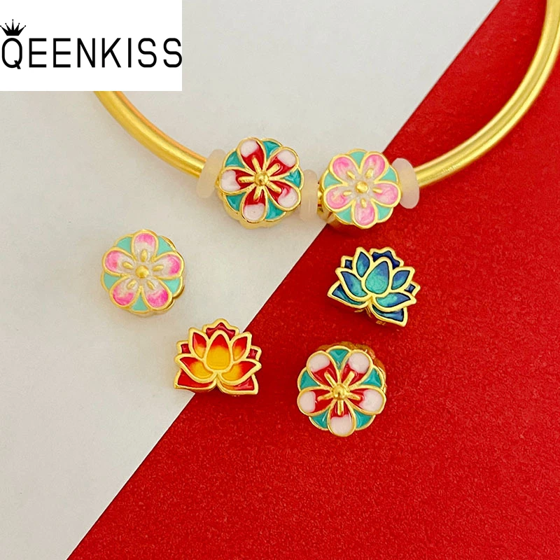 

QEENKISS 24KT Gold Flower Lotus Beads Charm For DIY Bracelet Making For Girl Children Jewelry Accessories Bulk Wholesale AC504