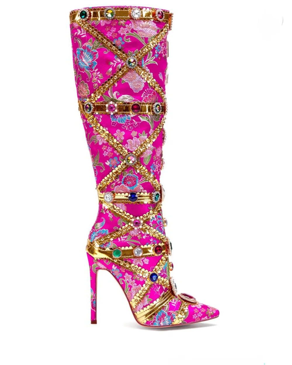

2023 Autumn/Winter New National Style Women's High Stiletto Heel Pointed Toe Metal Knee high Boots Catwalk shows Colored Stone