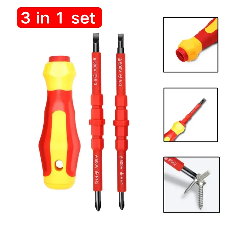 Kit cacciavite isolato 3 in 1 per elettricisti Lame magnetiche intercambiabili - PH1/PH2, strumento multiuso con punte a croce