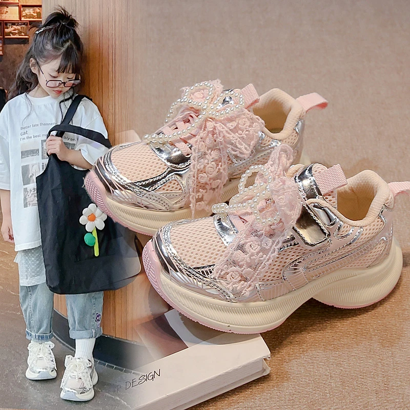 Girls Sports Shoes Spring Autumn Pink Breathable Girls Casual Shoes 3-18 Years Old Beige Soft Non-slip Children's Single Shoes - 3