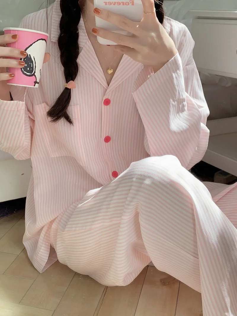 ☆TANNAT☆Cotton stripe sleep set-up パジャマ セット 韓国発 Spring Autumn Cotton Stripe Pajama Set Women Korean Simple