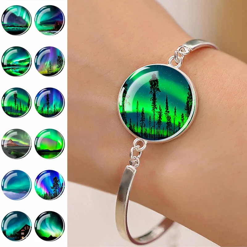 Beautiful Aurora Bangle Fashion Polar Lights Glass Crystal Silver Plated Bracciale Per Le Donne Girl Natural Sky Jewelry Gifts