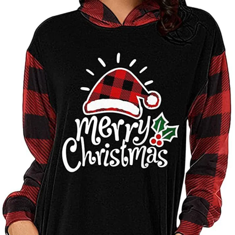 Women Autumn and Winter Fashion New Hooded Pullover Contrast Printing Pockets Splicing Christmas Long-sleeved Sweatshirt