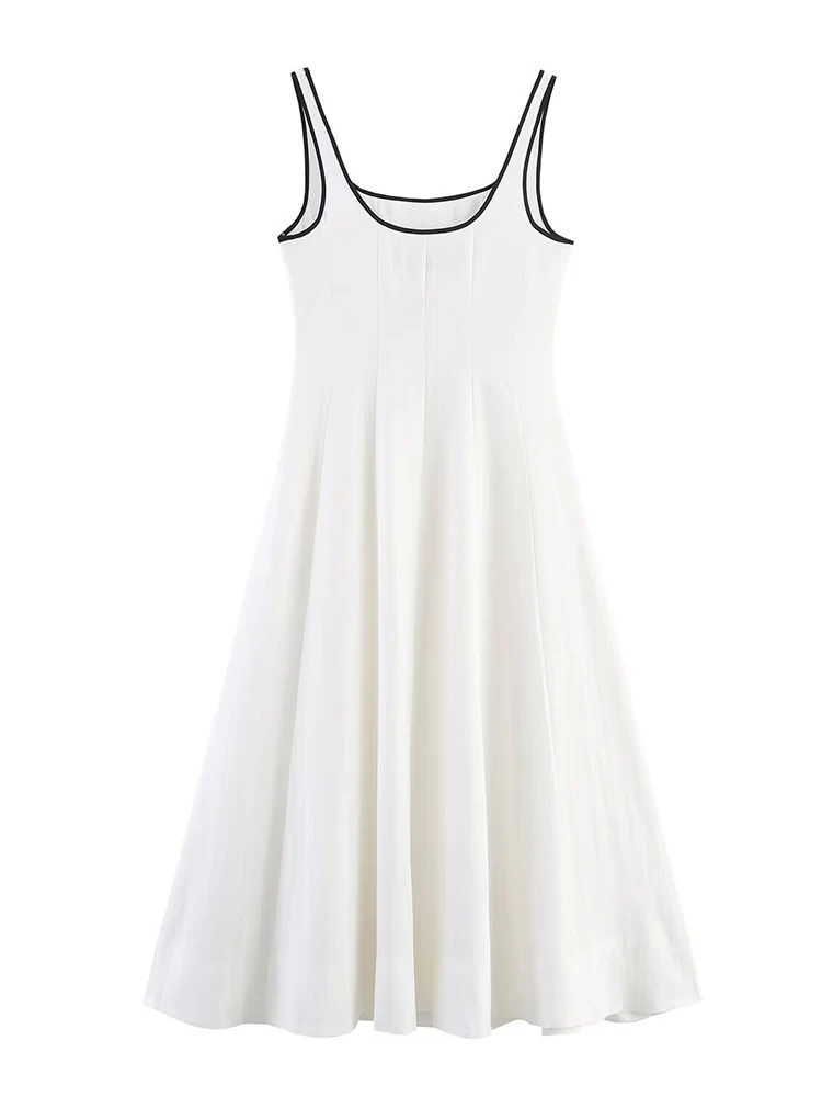 TFMLN Female Square Collar Midi Dress Casual Elegant Sleeveless Black White Contrast Color Chic Retro Slimming Women's Dresses