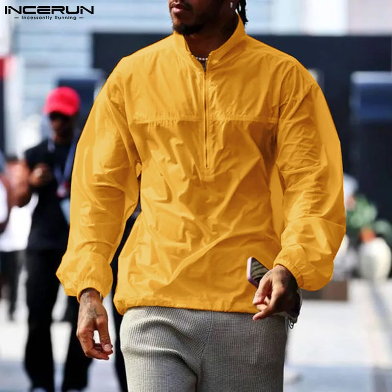 

2024 Men Shirt Solid Color Stand Collar Long Sleeve Zipper Male Sunscreen Shirts Streewear Transparent Thin Tops S-5XL INCERUN