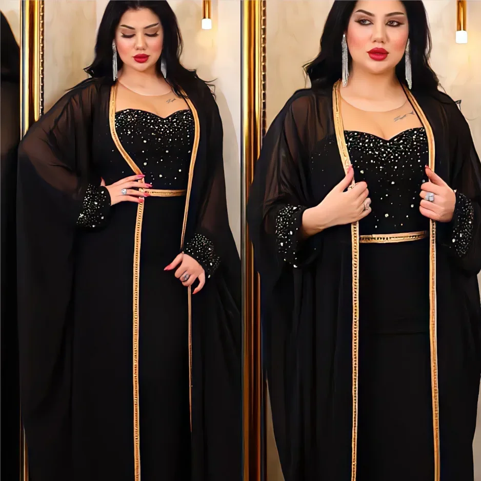 Muslim Abayas for Women Dress 2 Piece Set Beaded Abaya Dubai Luxury Party Dresses Kimono Gown Saudi Arabic Kaftan Robe Islamic