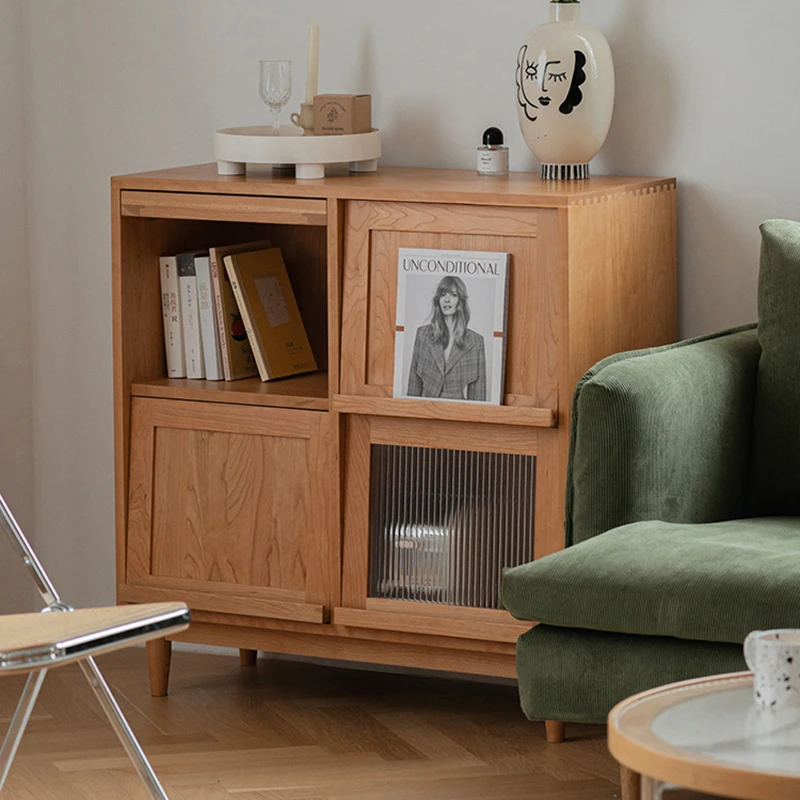 

Vintage solid wood bookcase storage cabinet cherry wood Changhong glass rattan storage cabinet home magazine side cabinet