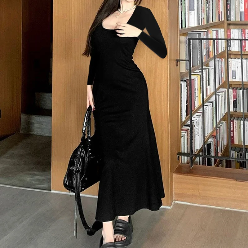 y2k Dresses Women Sexy Clothes Solid Color Butterfly Cutout Back Long Sleeve Bodycon Dress Club Dresses Streetwear