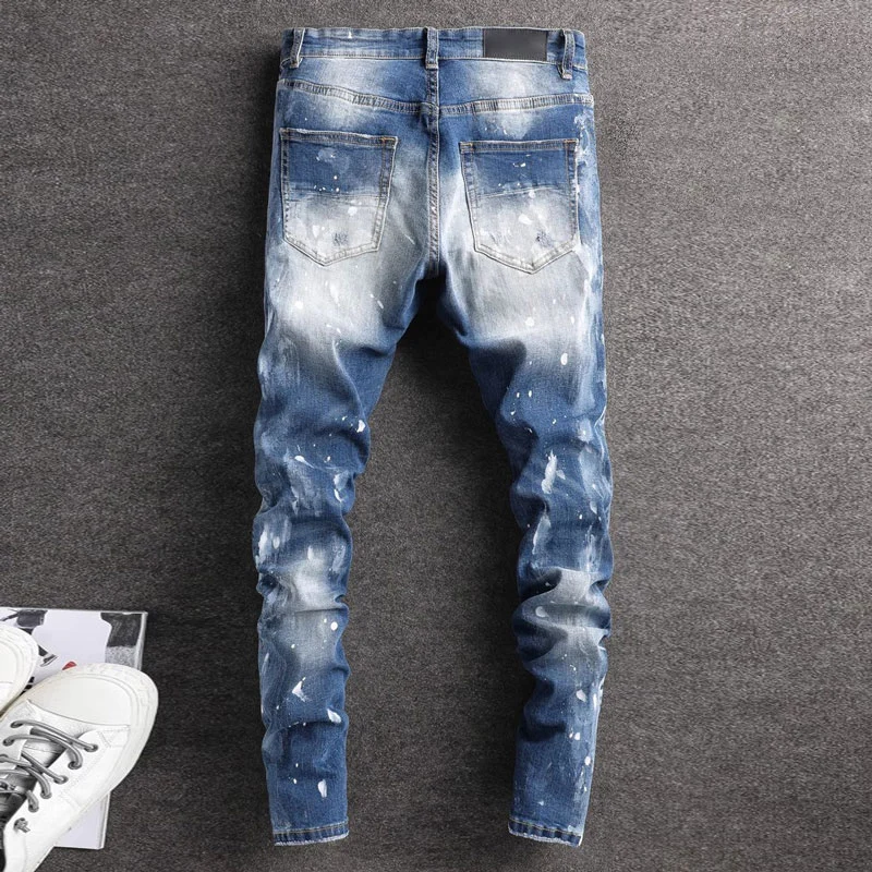 High Street Fashion Men Jeans Retro Blue Stretch Skinny Fit Patched Ripped Jeans Men Painted Designer Hip Hop Brand Pants Hombre