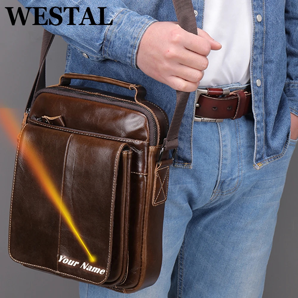 WESTAL Engraved Men's Shoulder Bag Genuine Leather Crossbody Bags for