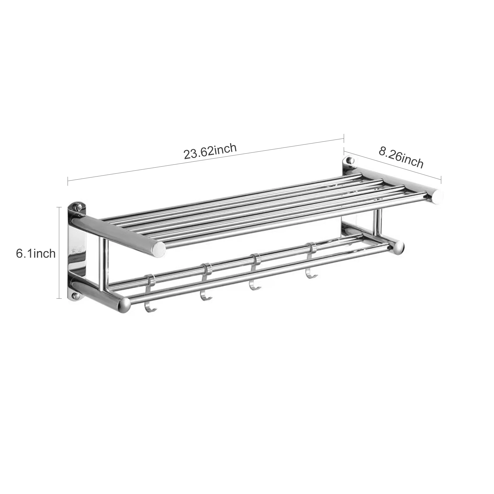 Bath Towel Rack Double Layered Bathroom Shelves with 4 Removable Hooks Wall Mounted Towel Holder 23 Inch Bar Rustproof
