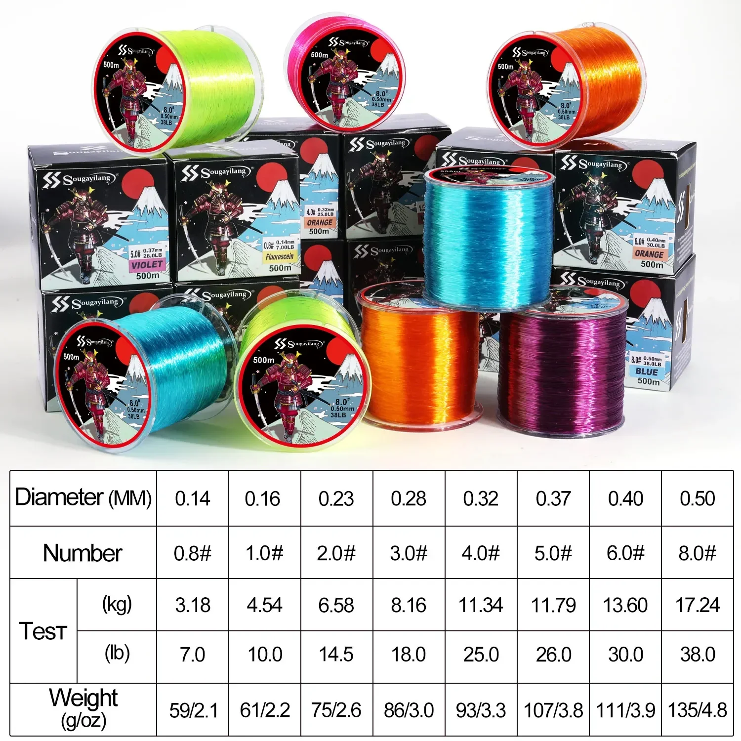 Sougayilang 500m Japan Nylon Fishing Line 7-38LB 0.14mm-0.5mm Super Strong Fluorocarbon Monofilament Nylon Line Fishing Goods