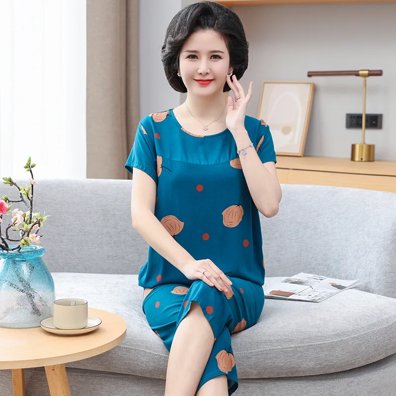 

Floral Print Mother Pajamas Set Short Sleeve Viscose Sleepwear Set Summer New Pyjamas Women Plus Size 4XL 5XL Pijamas Suit