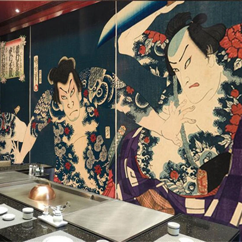 Papel de Parede Samurai Japonês Retrô Ukiyo-e 3d Decoração Industrial Papel de Parede para Sushi Restaurante Cozinha Tatuagem 3d