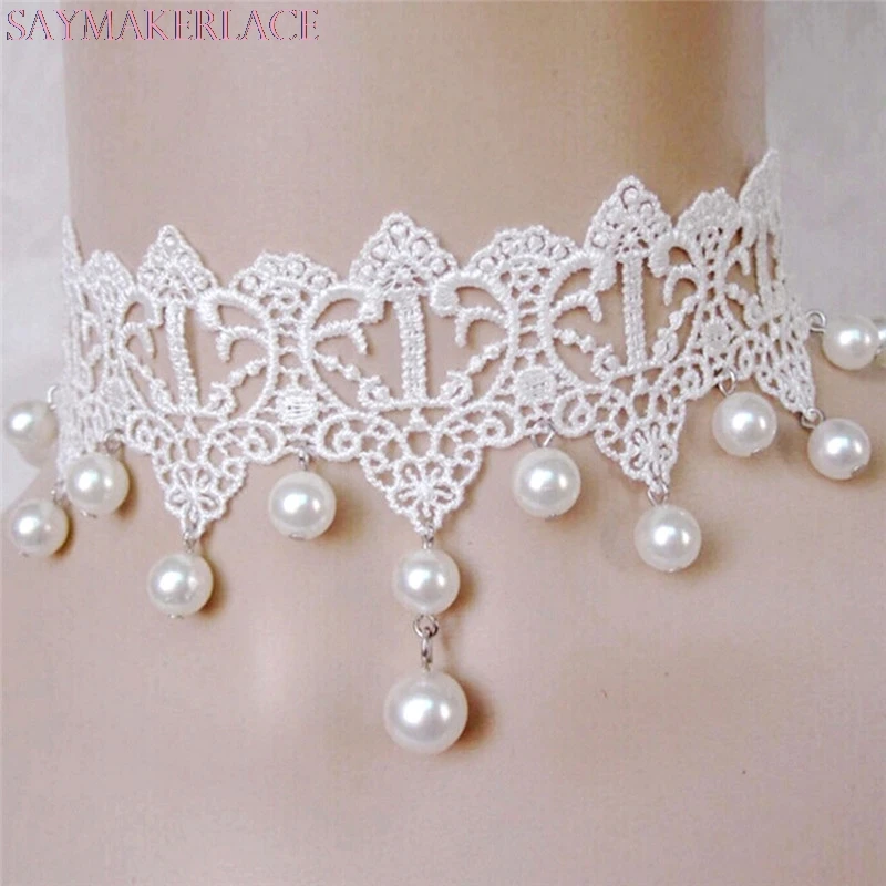 New Fashion Elegant Vintage Imitation Pearl White Lace Statement Choker Necklaces Bridal Jewelry For Women Wedding High Quality