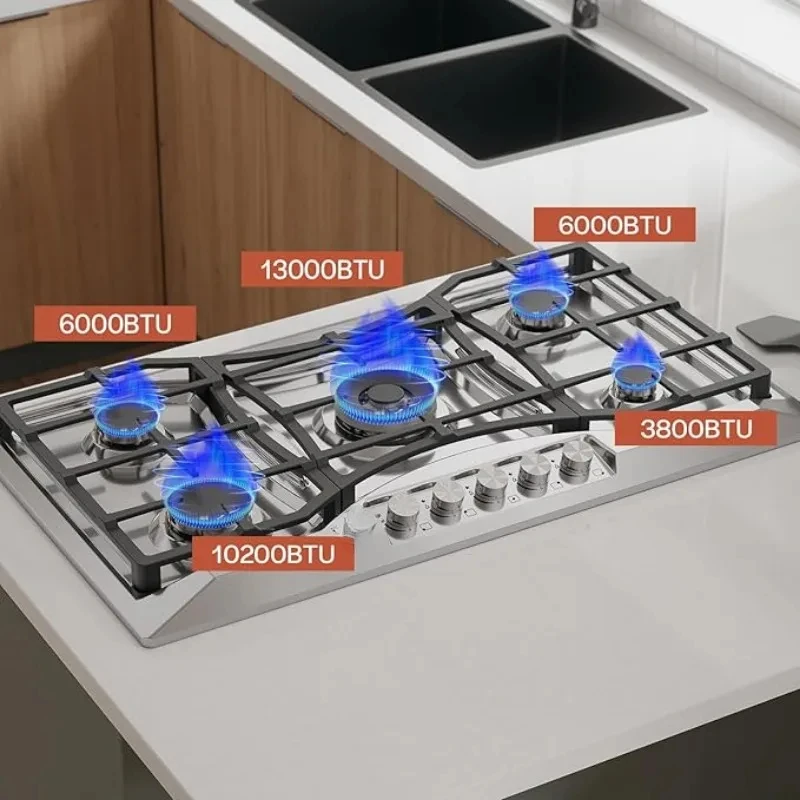 36 in. Gas Stove Cooktop 5 Italy Sabaf Sealed Burners NG/LPG Convertible in Stainless Steel, Cooking Appliances Cooktops 4