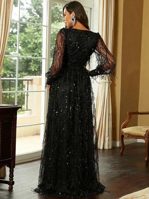 2024 Women's Autumn New Black Silk Mesh Sequins Long Evening Dress Brightly Stated Gown For Special Occasions Formal Affairs 2