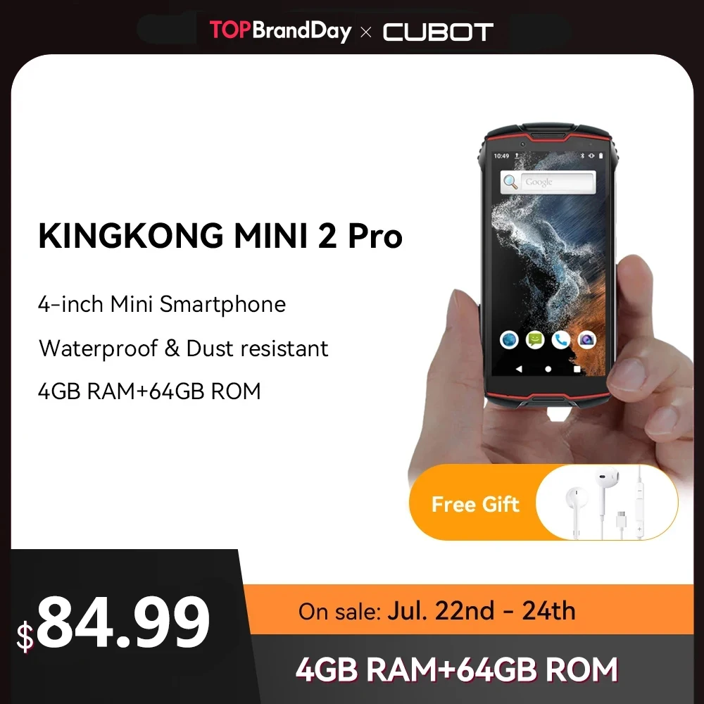 

Cubot KingKong MINI 2 Pro, 4-Inch Waterproof Mini Smartphone, 4GB+64GB (128GB Extended), Dual SIM 4G, GPS, Face ID, Rugged Phone