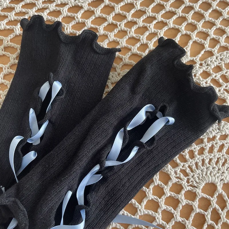 Y2K Lolita Gloves Sexy Black White Lace-up Gloves JK Fingerless Cosplay For Women Girls Streetwear