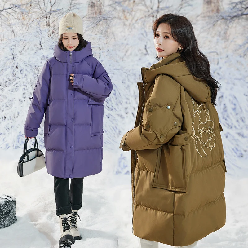 2023 Winter Hooded Thick Coats 90% White Duck Down Plus Size Jackets Women Large Middle Length Loose Purple Twill Pocket Parkas