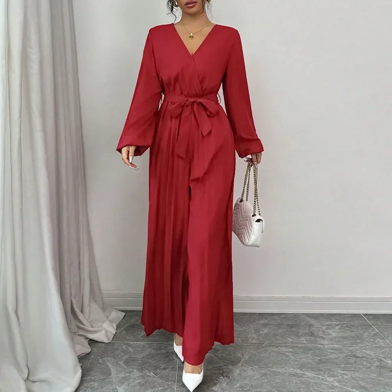 Жіночий комбінезон 2023 Новий повсякденний комбінезон на шнурівці з довгим рукавом і V-подібним вирізом Однотонний елегантний широкий жіночий комбінезон Ropa De Mujer Q608