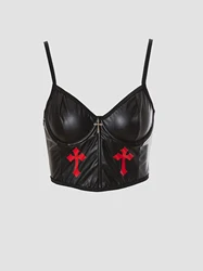 Gothic Leather Corset Camisole with Metal Accents - M (Black)