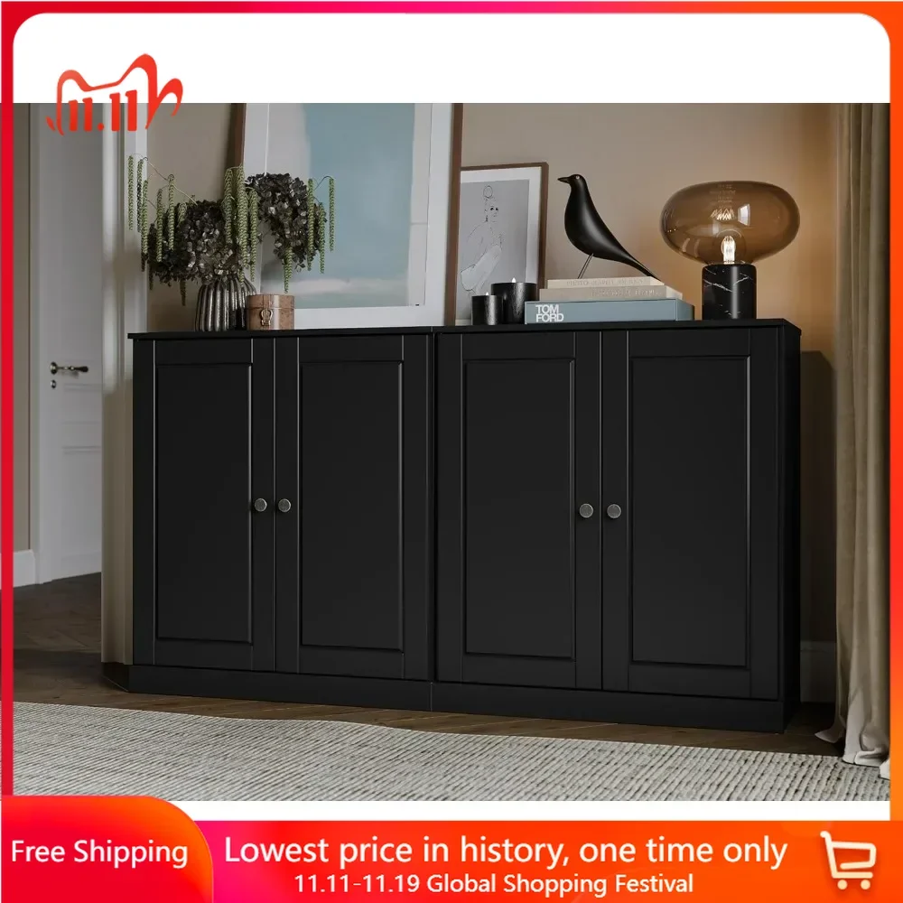 64" Sideboard W/Raised Panel Doors, Black, 64" W X 35.75" H X 15.5" D, Renewable Eco-Friendly Wood, Solid Wood Sideboard