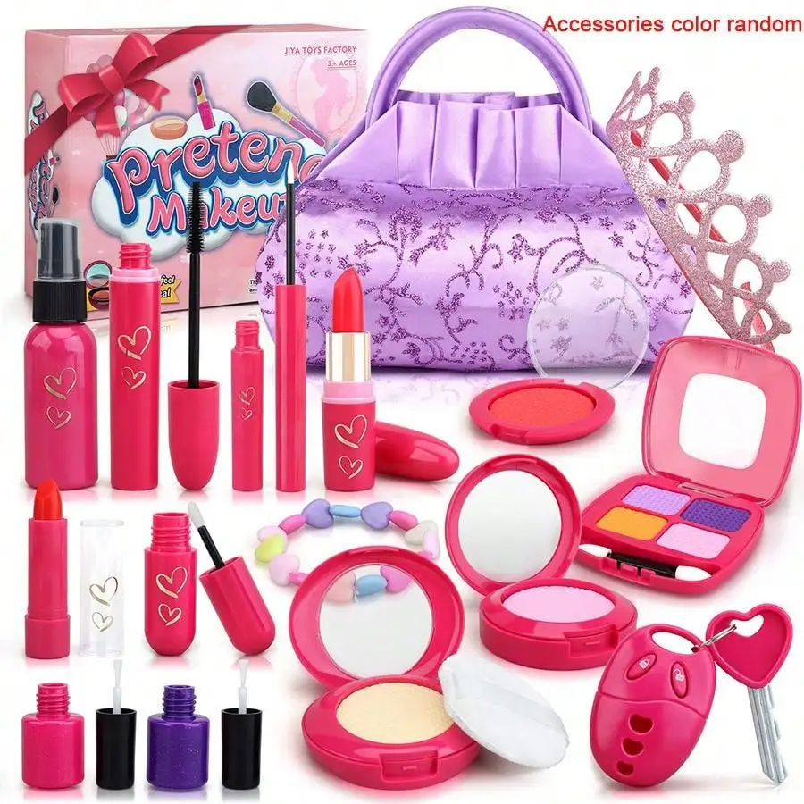 Girl Pretend Makeup for Kids,Fake Make Up Toys for Little Girls with Princess Purse, Toddler Makeup Kit,Girls Birthday Gifts(Acc