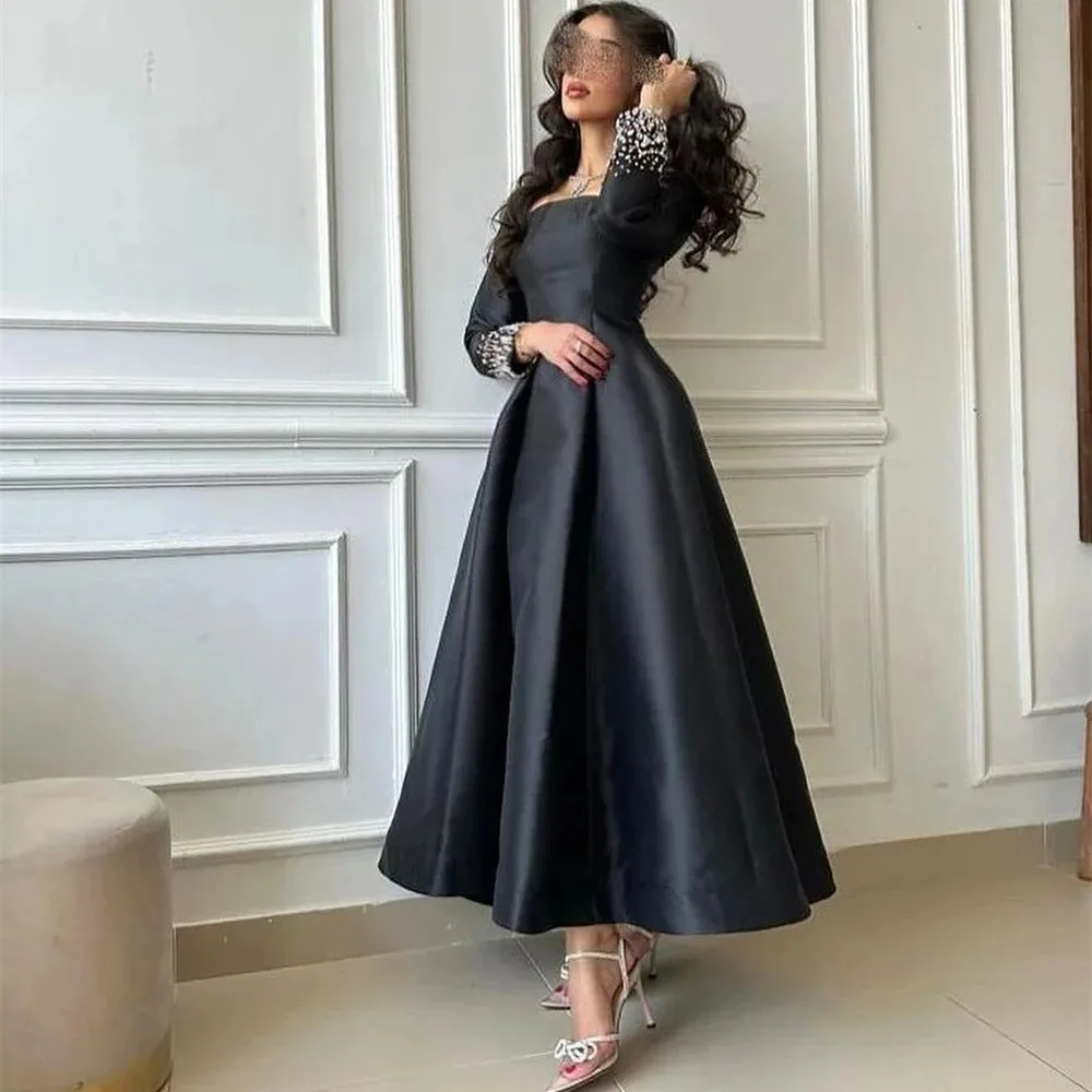 

Fashion Square Collar Black Satin Beading Formal Occasion Prom Dresses Ankle-length Women Evening Party Dress فساتين السهرة