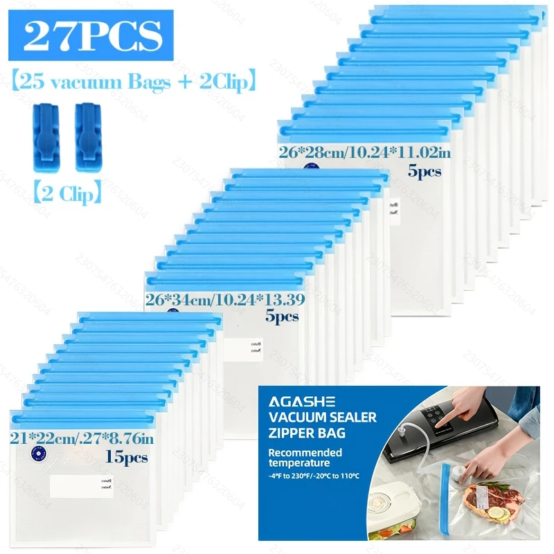 Reusable Vacuum Food Storage Bag Set - 27 Pieces: Durable, Food-Grade, Multi-Size Bags with Clips