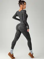 Women Leopard Print Tight Jumpsuit Slimming Hip Hugging Long Sleeve U Collar Stretchy - Image 4