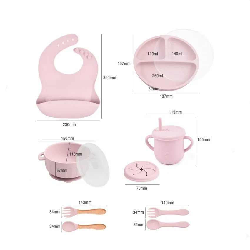 10pcs/Set Baby Children's Tableware Feeidng BPA Free ​Solid Color Food Plates Sucker Dishes Spoon Fork Sippy Cup Baby Stuff 4