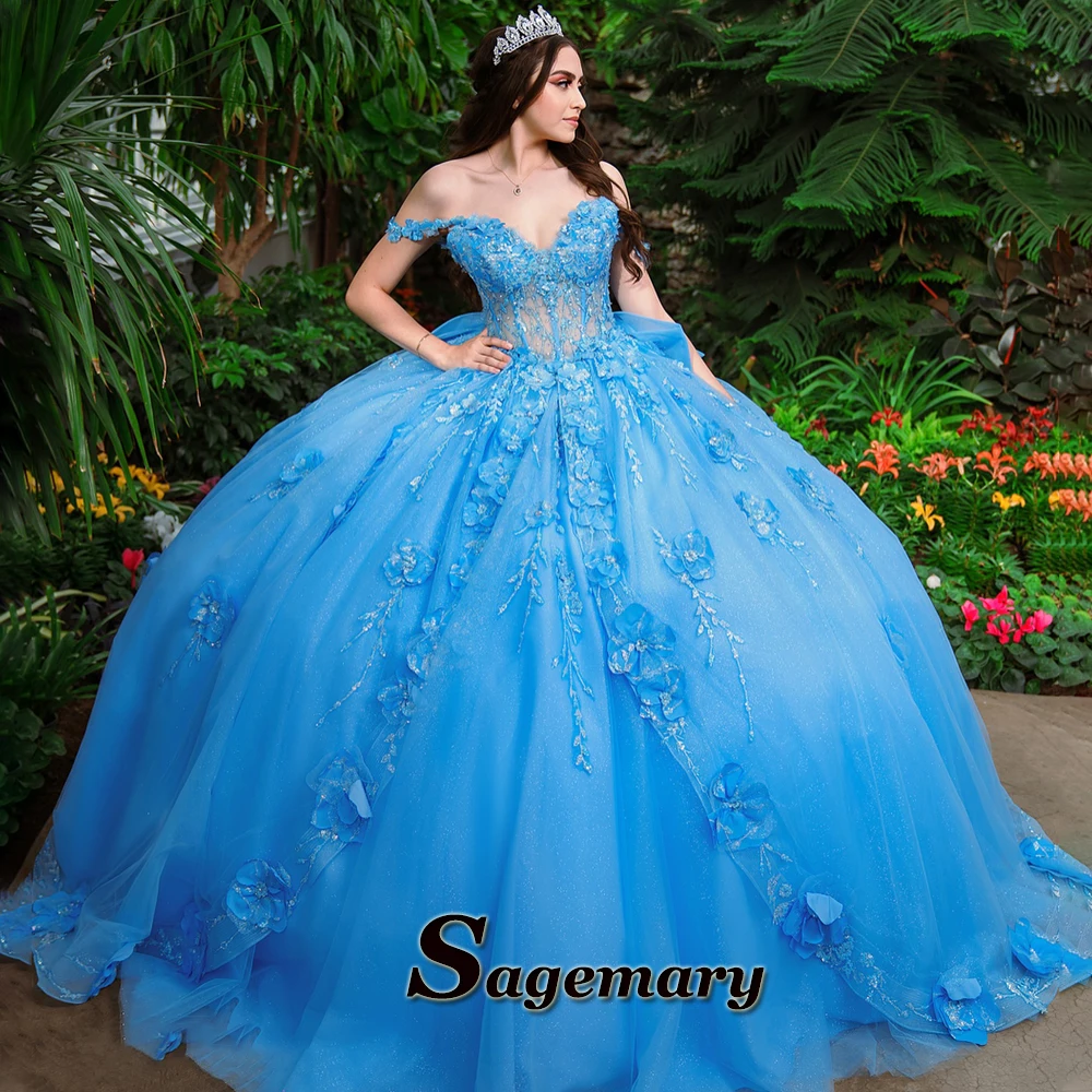 Sagemary Tulle Quinceanera Dresses for Teens Off the Shoulder Appliques Ball Gown Bow Robe Princess