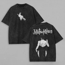 Vintage Washed Japanese Anime Jujutsu Kaisen Graphic Oversized T - Shirt, Unisex Cotton Short Sleeve Tee - S (Black)