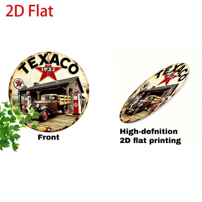 2D flaches 1-teiliges Retro-Rundschild aus Holz der Texaco-Tankstelle im amerikanischen Stil, mit klassischen LKW- und Kraftstoffpumpen-Designs – Detail 6