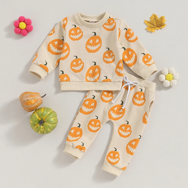 

2023-07-19 Lioraitiin 0-3Years Baby Boy Girl 2Pcs Fall Halloween Set Pumpkin Print Long Sleeve Crew Neck Sweatshirt Sweatpants