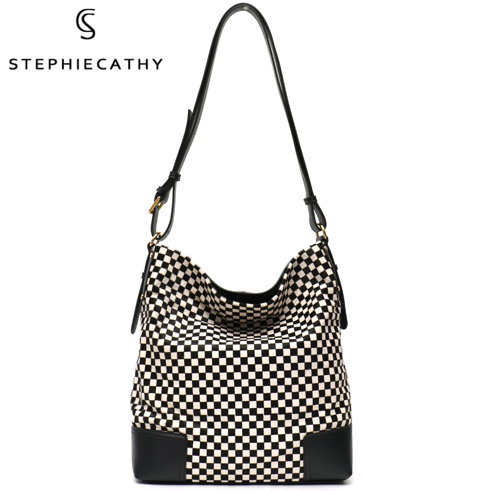 

SC Brand Luxury Horsehair Genuine Leather Hobo Women Chic Checkboard Animal Pattern Bags Large Female Crossbody Bucket Handbags