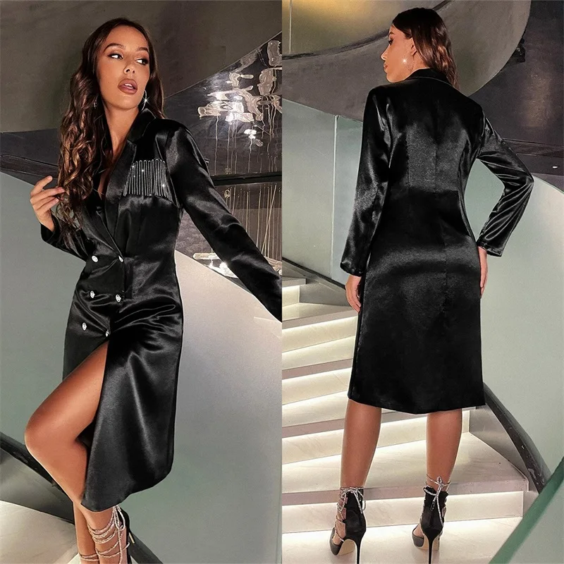 

Black Silk Satin Women Suit Blazer Formal Double Breasted Jacket With Beading Tuexdos Prom Dress Custom Made дамский костюм