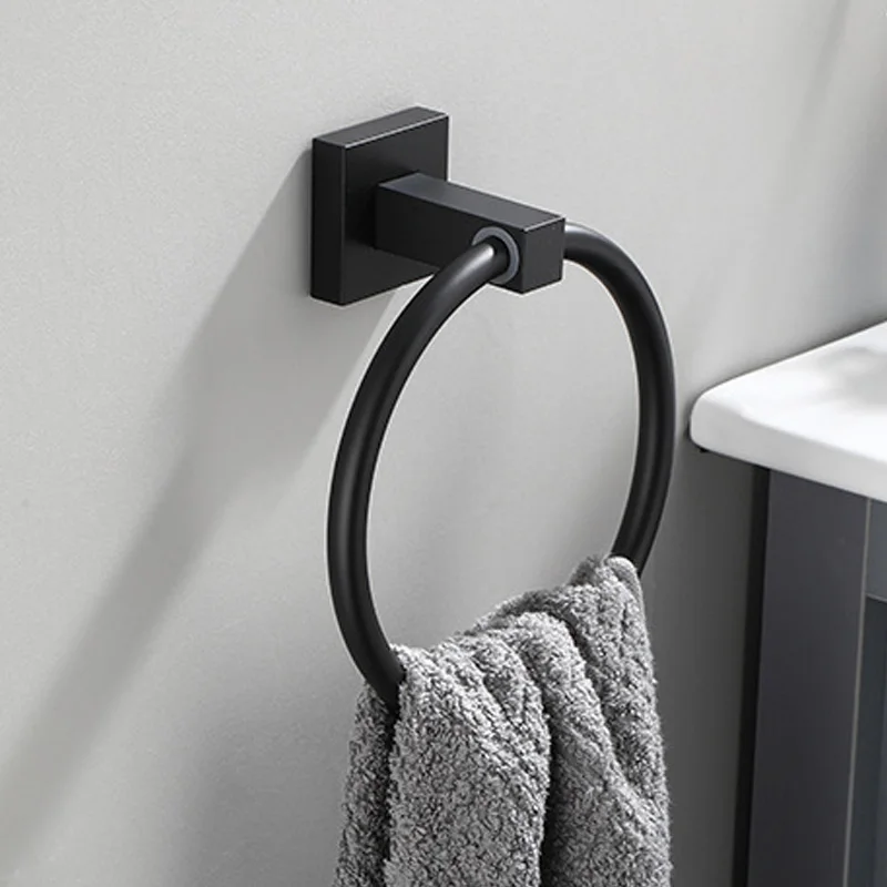 Square Base Matte Black Finish Aluminium Bathroom Towel Holder Wall-Mounted Round Towel RingsTowel Rack