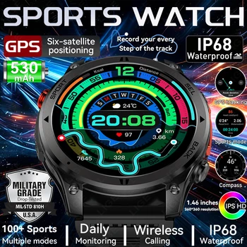 Smartwatch GPS per Navigazione e Attività all'Aperto, Schermo HD da 1,46", 100+ Modalità Sportive, Impermeabile IP68, Batteria da 530mAh, Bussola per Android e iOS