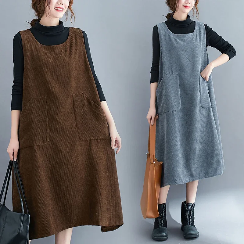 AutumnWinterBlackGrayBrownCorduroyDressSleevelessTankTopAlineDressWomenFront
