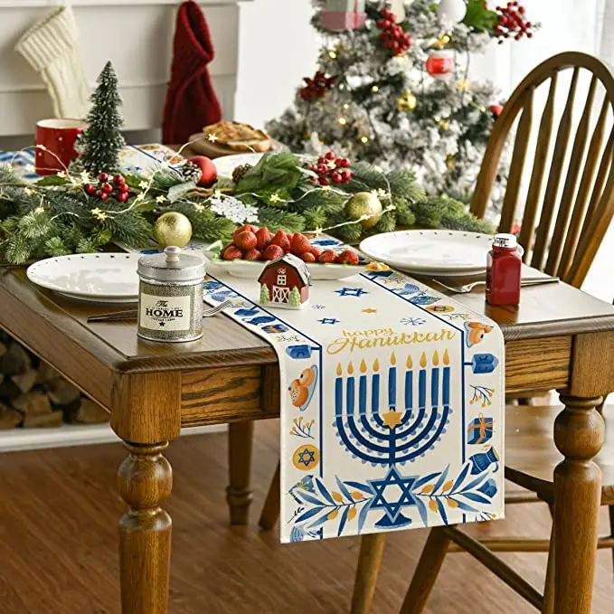 Happy Yom Kippur Table Runner, Hexagon Kitchen Table Decoration for Outdoor Family Gatherings Coffee Table Decor